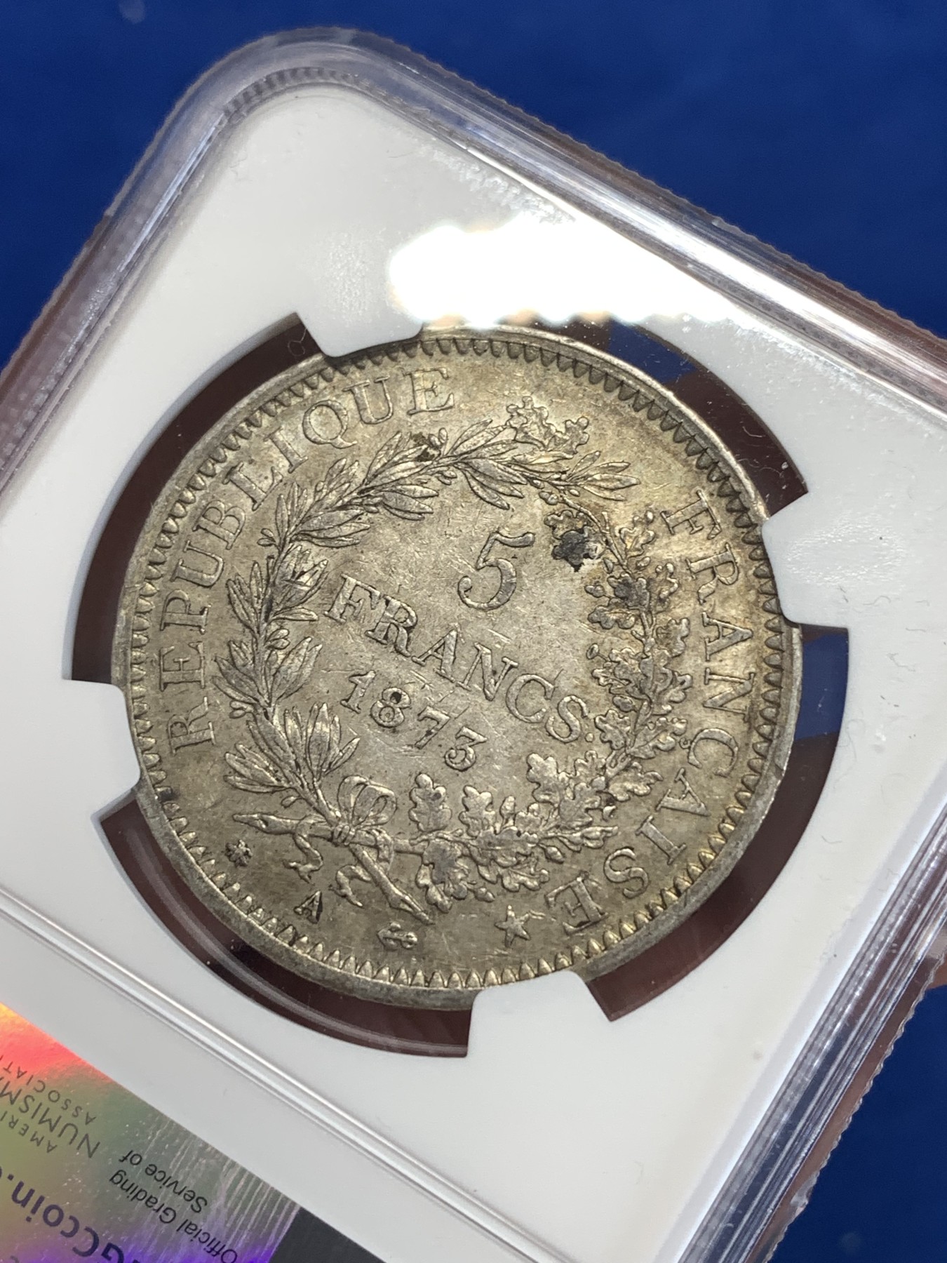 《竞宝斋》第259场-周日，周一 2场连拍 (全场包邮) NGC AU53 法国1873年A版大力神5法郎银币