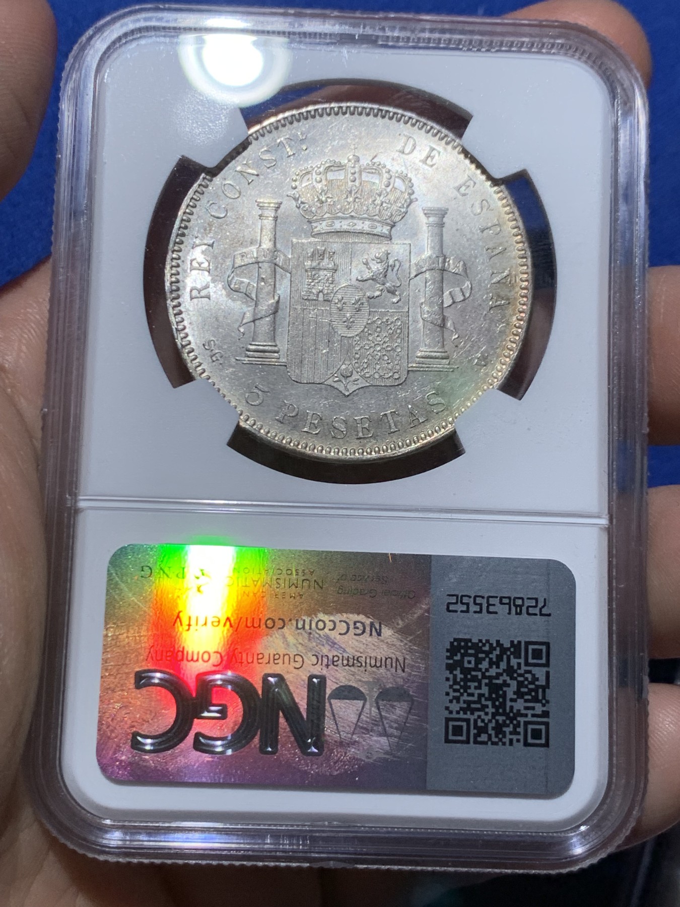 《竞宝斋》第259场-周日，周一 2场连拍 (全场包邮) NGC MS61 西班牙 1898年阿方索十三世小孩头双柱5比塞塔银币