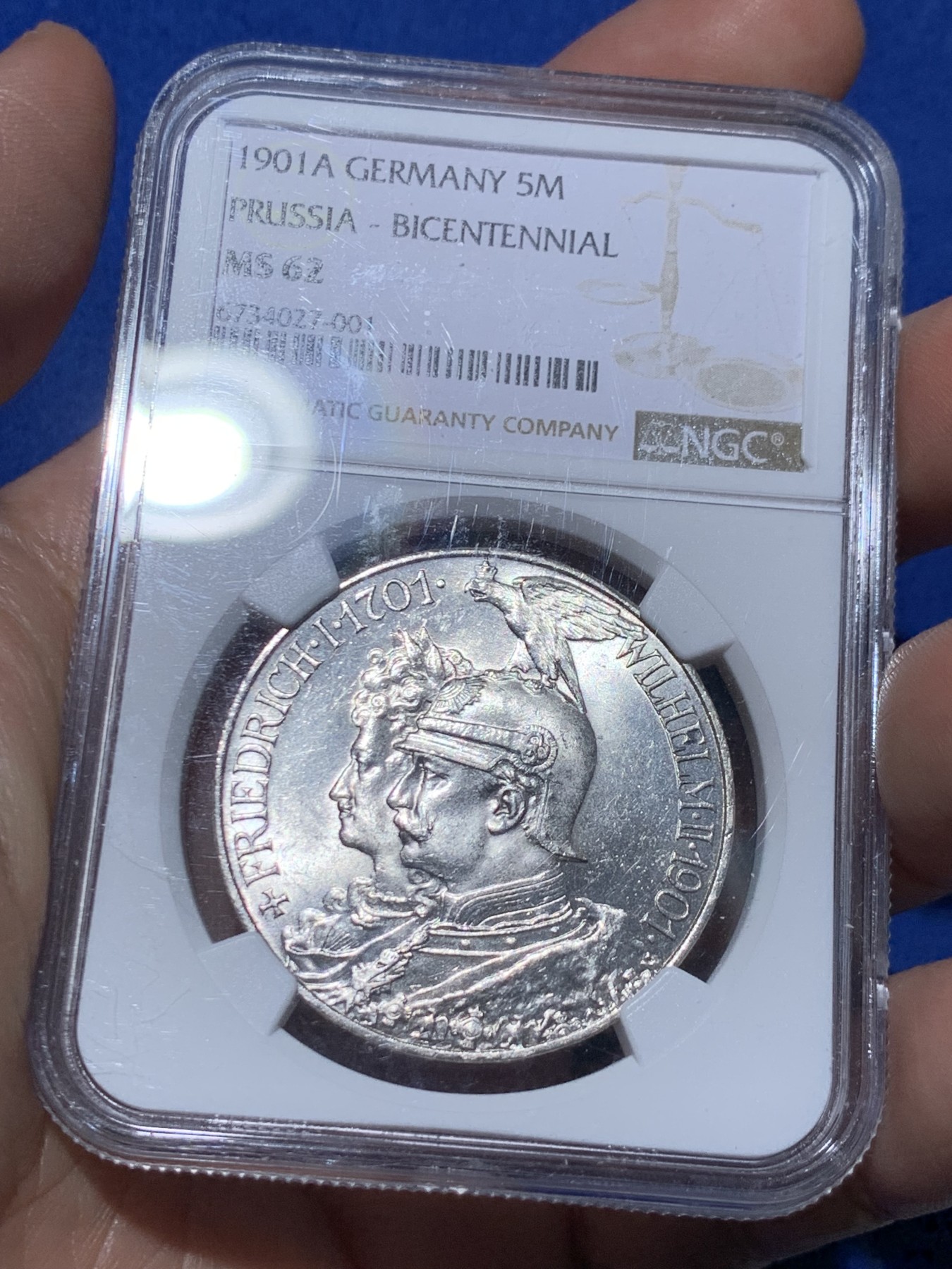 《竞宝斋》第259场-周日，周一 2场连拍 (全场包邮) NGC MS62 德国1901年普鲁士建国200周年5马克纪念银币 转光犀利 状态极佳