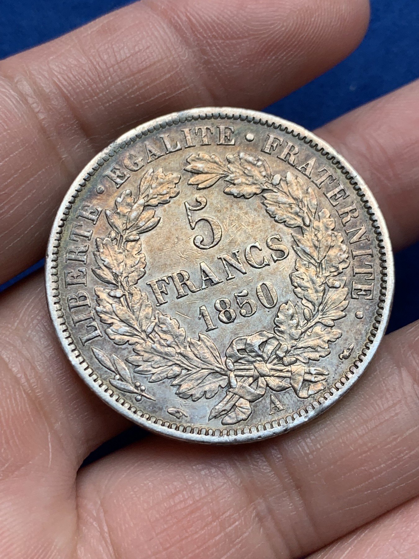 《竞宝斋》第259场-周日，周一 2场连拍 (全场包邮) 法国1850年谷物女神5法郎银币 深彩包浆 状态不错