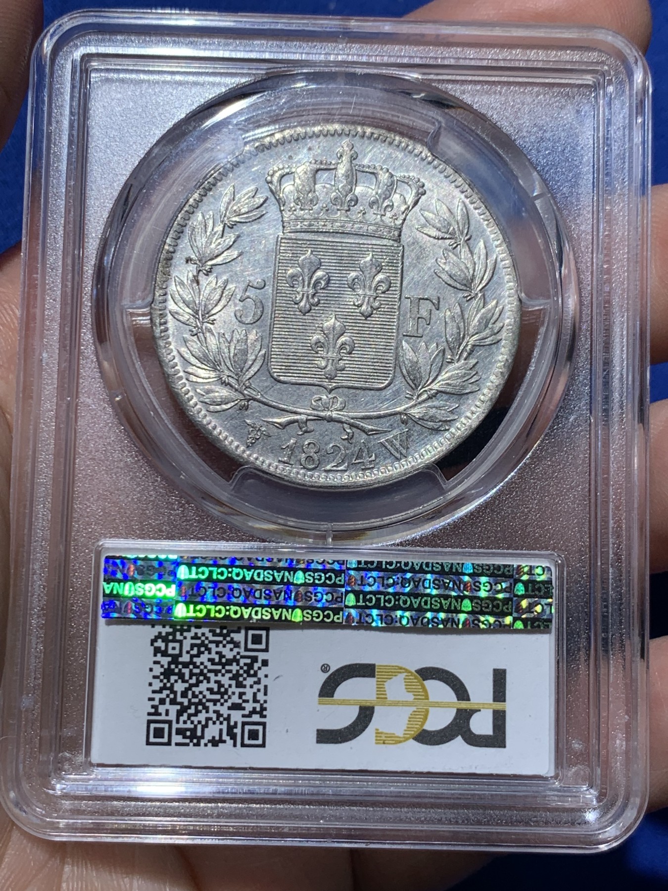 《竞宝斋》第259场-周日，周一 2场连拍 (全场包邮) PCGS AU58 法国1824年路易十八5法郎银币，马头。状态一流，底板镜面有霜，好品稀少 MS状态莫名58分