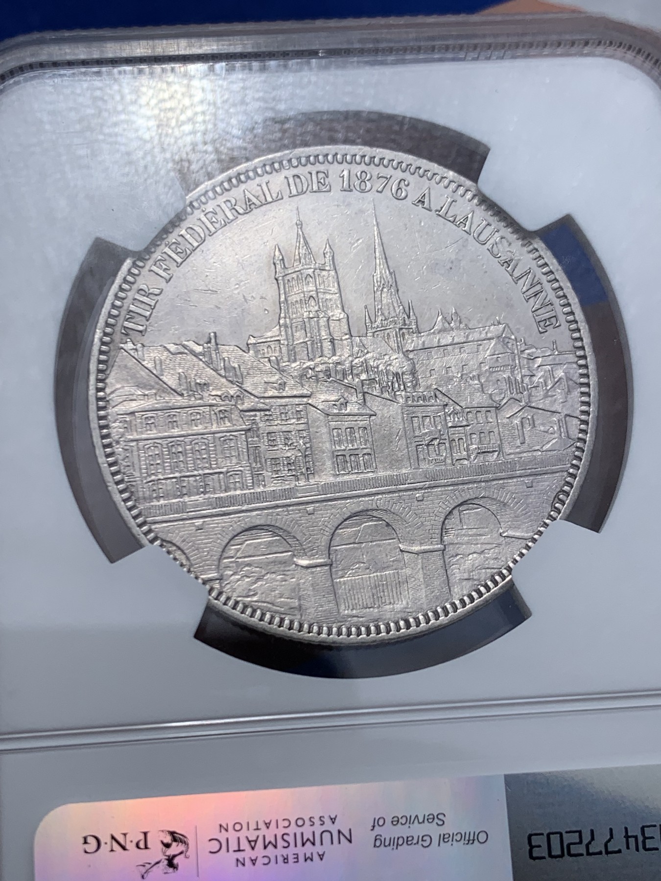 《竞宝斋》第259场-周日，周一 2场连拍 (全场包邮) NGC UNCD 瑞士1876年洛桑景观5法郎银币 底板白净 细节漂亮 发行仅二万枚