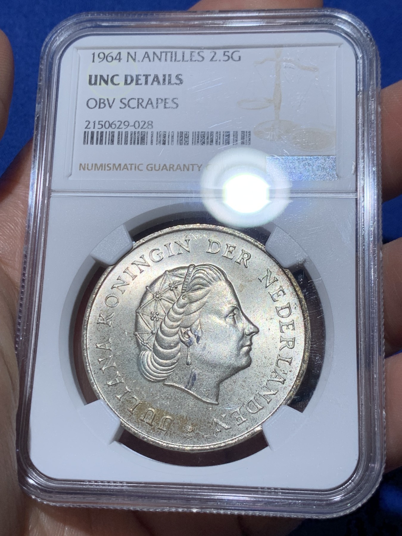 《竞宝斋》第259场-周日，周一 2场连拍 (全场包邮) NGC UNC 荷属安的列斯1964年朱莉安娜女王2.5盾大银币