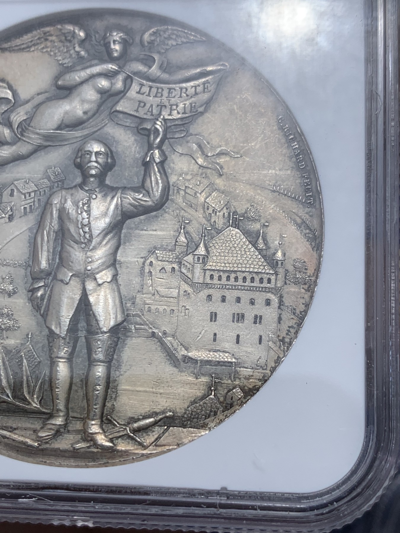 《竞宝斋》第259场-周日，周一 2场连拍 (全场包邮) NGC MS62 1894年瑞士洛桑射击节飞天女神双头鹰大银章 磨砂精铸 稀少品种 设计精美大气 非常吸引人