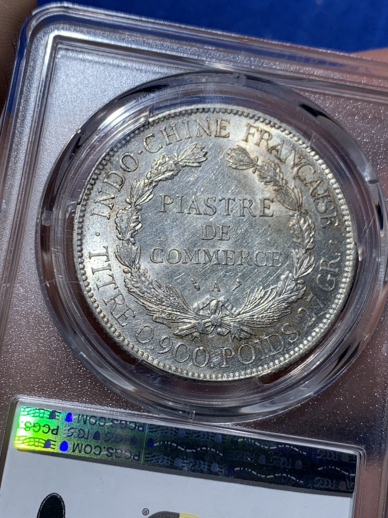 《竞宝斋》第259场-周日，周一 2场连拍 (全场包邮) PCGS AU58 法属印支1907A坐洋1P大银币，面部细节完整，砸盒重评后UNC变成了au。