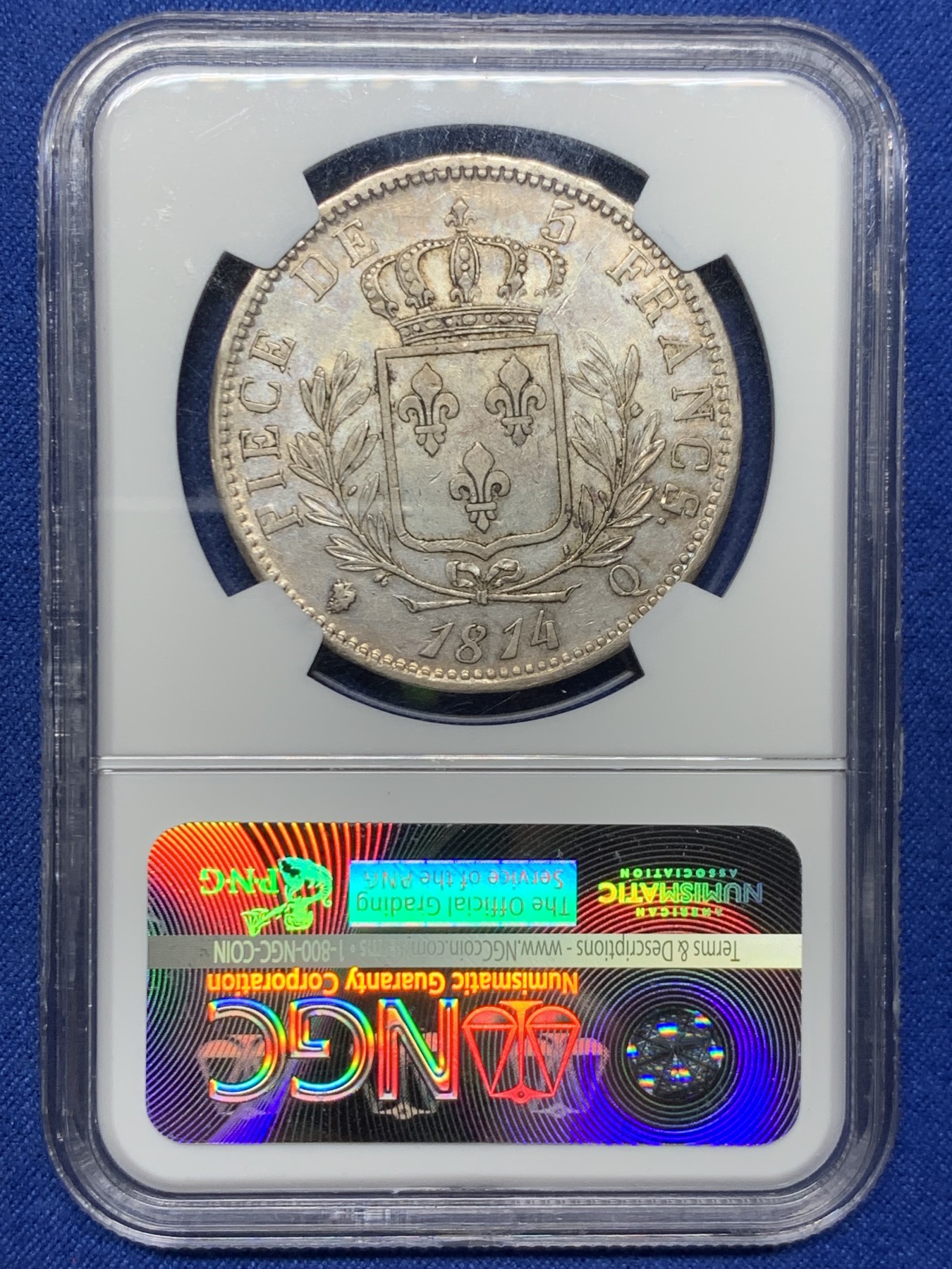 《竞宝斋》第259场-周日，周一 2场连拍 (全场包邮) NGC AU55 法国1814Q路易十八戎装版5法郎大银，稀见Q厂关门年份，铸造量仅36万枚，远少于同年A、I、L各厂。更高分仅4枚，AU以上错过难觅