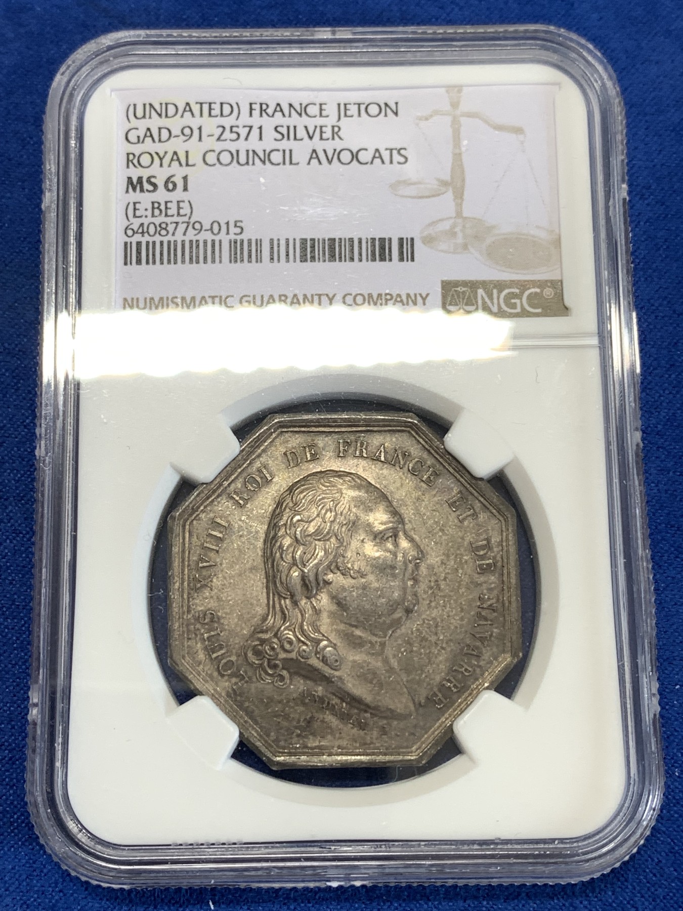 《竞宝斋》第259场-周日，周一 2场连拍 (全场包邮) NGC MS61 法国路易十八皇家理事会八角代币 非常好的包浆和状态