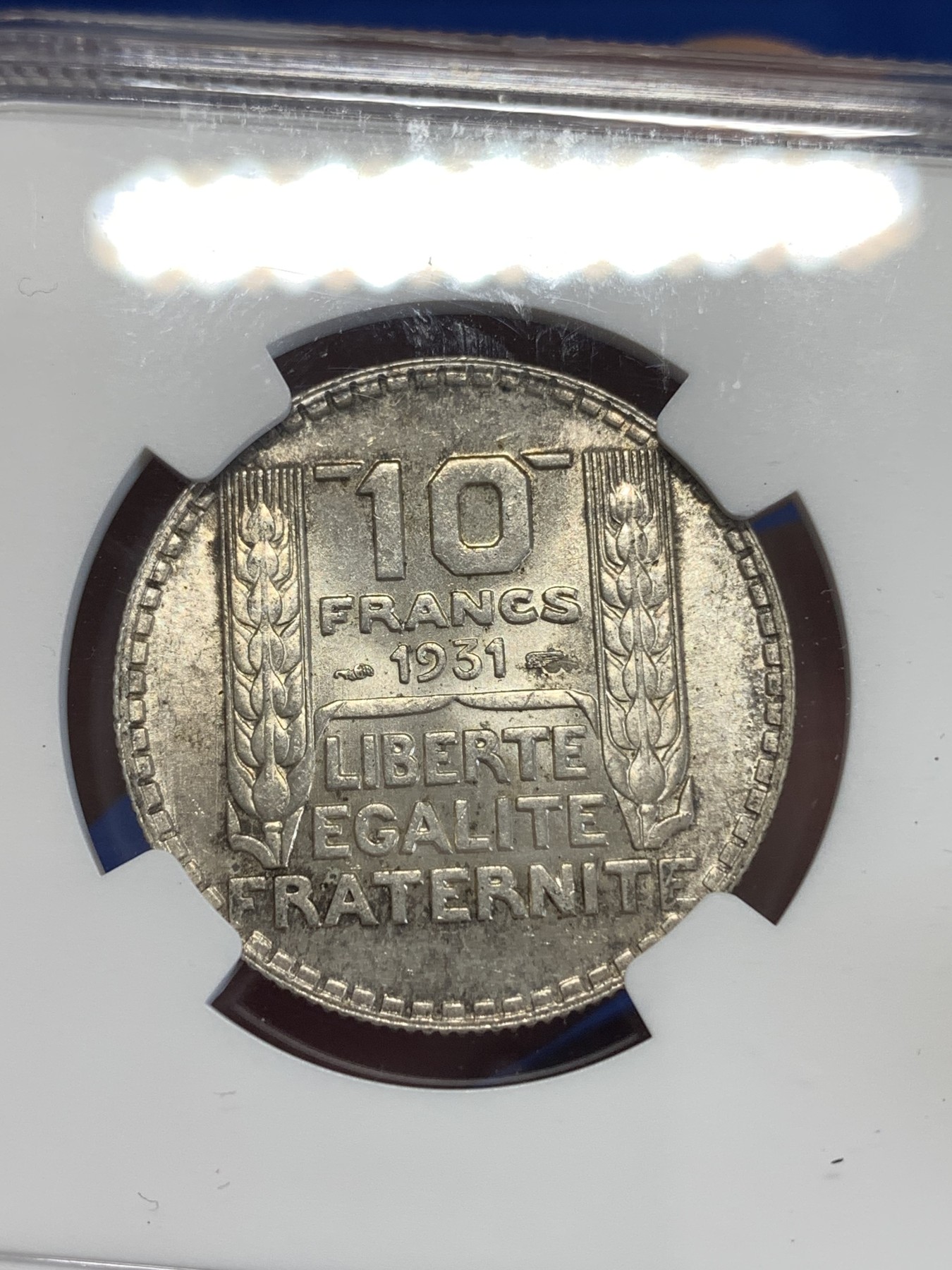 《竞宝斋》第259场-周日，周一 2场连拍 (全场包邮) NGC MS62 法国1931年谷物女神10法郎银币