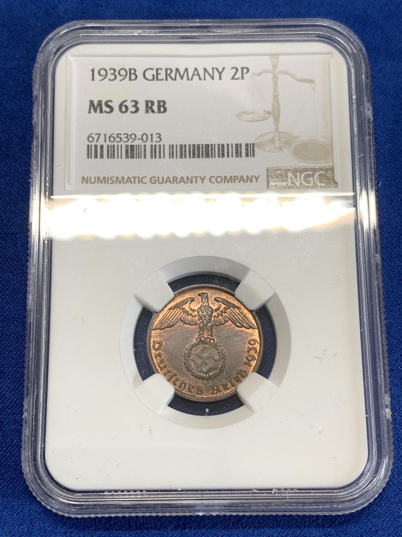《竞宝斋》第259场-周日，周一 2场连拍 (全场包邮) NGC MS63RB 1939B德国2芬尼