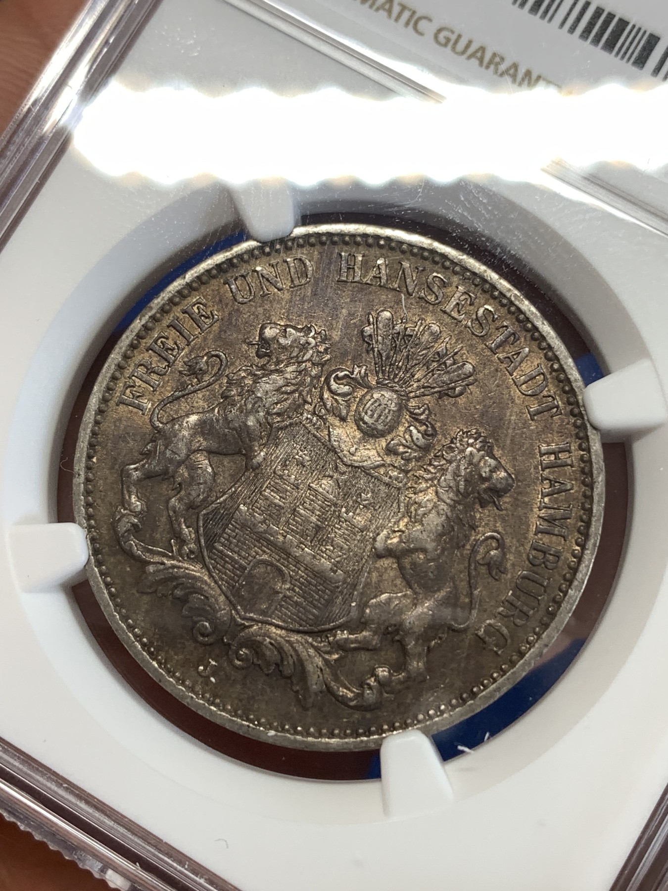 《竞宝斋》第259场-周日，周一 2场连拍 (全场包邮) NGC AU55 德国1908年汉堡双狮3马克银币 原味深包浆