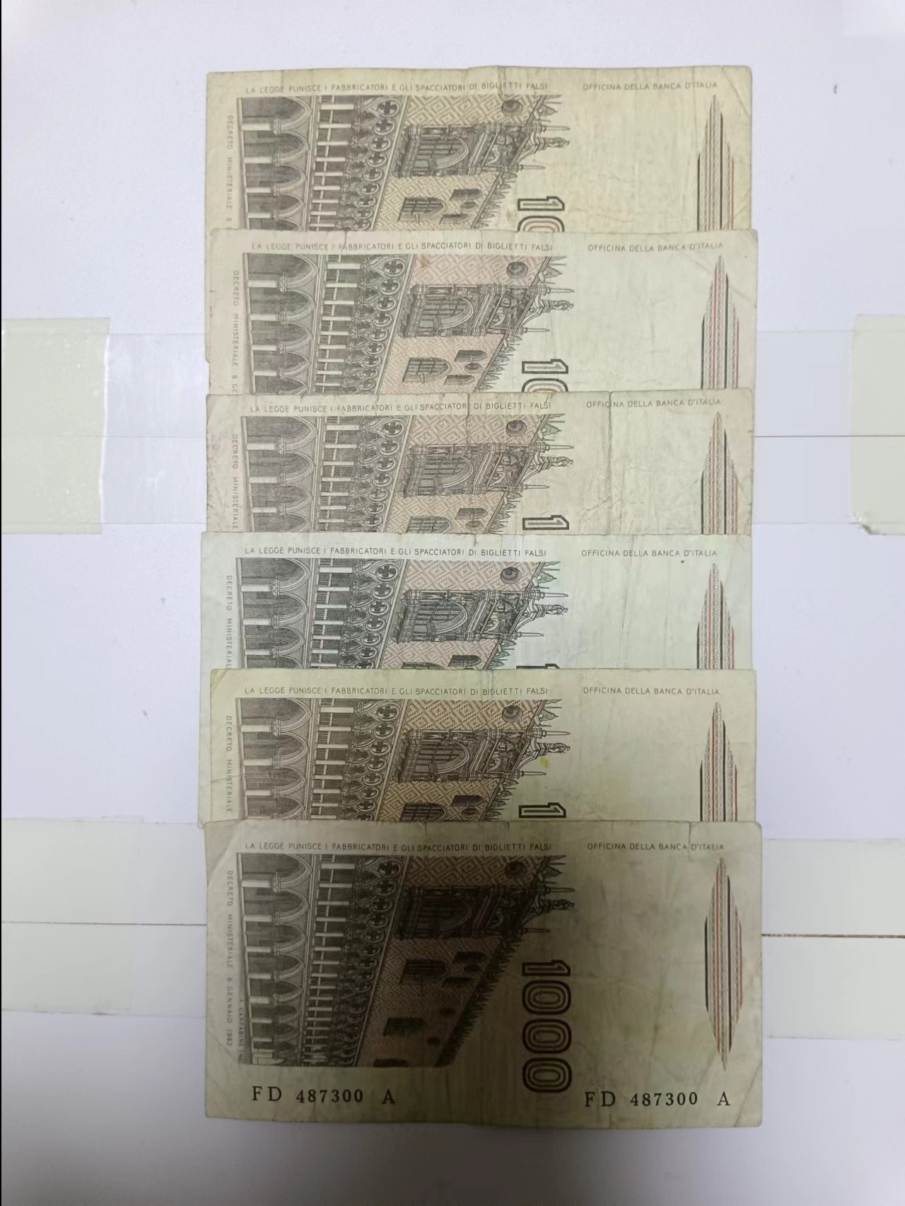 【20230418】非全新纸币第130场 意大利1000里拉6张纸币，有裂缝和字迹