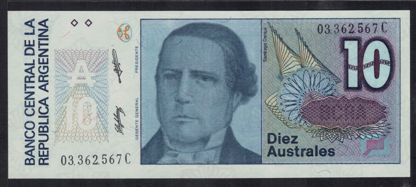 阿根廷1985年至1989年10奥斯特 C冠 P-325b 无4 美洲纸币 实物图 UNC