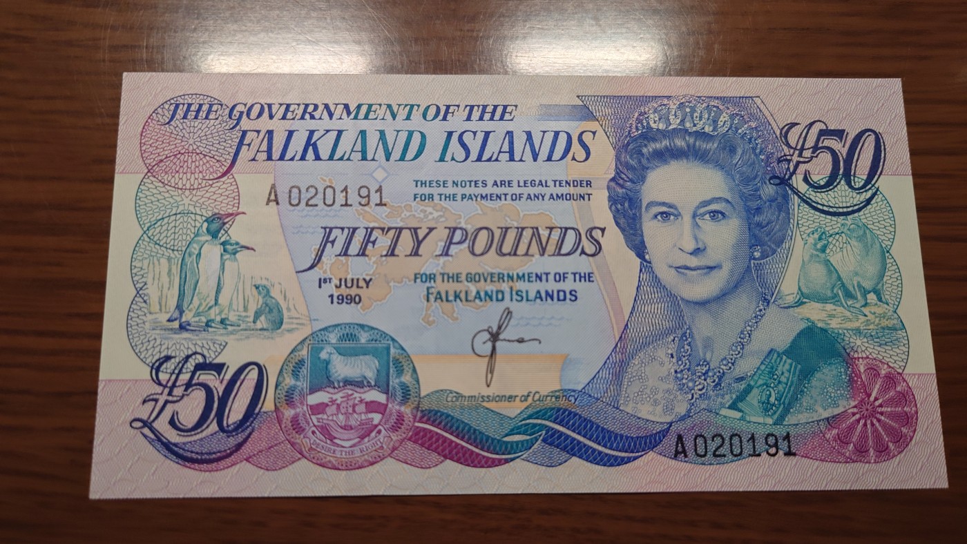 【世界钱币】精选微拍第101期暨2024年第12期  部分卖剩的新品裸钞评级币展销 1990年福克兰群岛50元 全新绝品无47尾号191