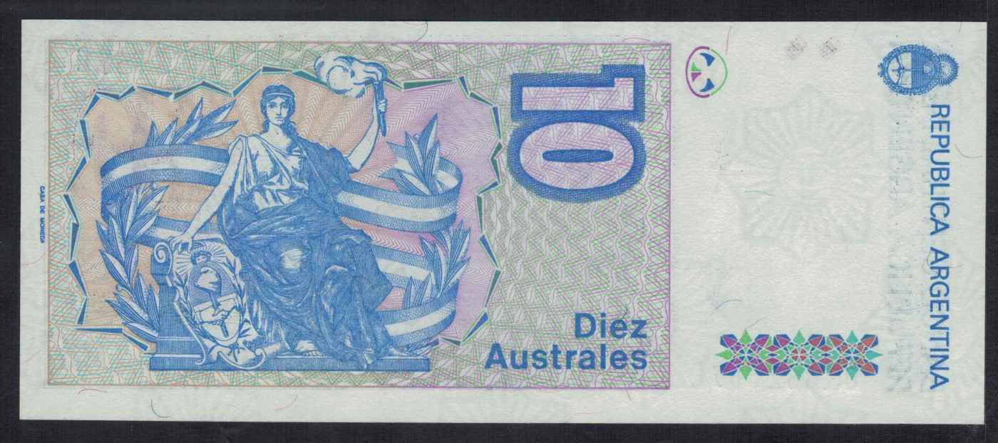 阿根廷1985年至1989年10奥斯特 C冠 P-325b 无4 美洲纸币 实物图 UNC