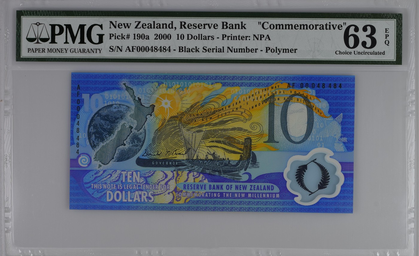 收藏联盟Quantum Auction 第339期拍卖  新西兰2000年10元千禧年纪念钞   PMG63e