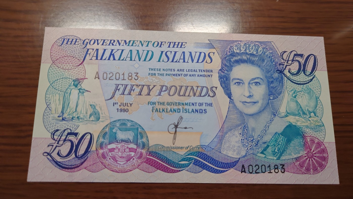 【世界钱币】精选微拍第101期暨2024年第12期  部分卖剩的新品裸钞评级币展销 1990年福克兰群岛50元 全新绝品无47尾号183