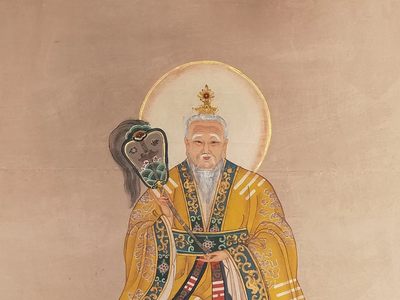  晚清 民间画家画的 精品纯手绘老粗布五彩描金 太上老君 画像一张 画工精湛 人物描绘惟妙惟肖 活灵活现 全品满工 完整包老 尺寸224/118Cm -  晚清 民间画家画的 精品纯手绘老粗布五彩描金 太上老君 画像一张 画工精湛 人物描绘惟妙惟肖 活灵活现 全品满工 完整包老 尺寸224/118Cm