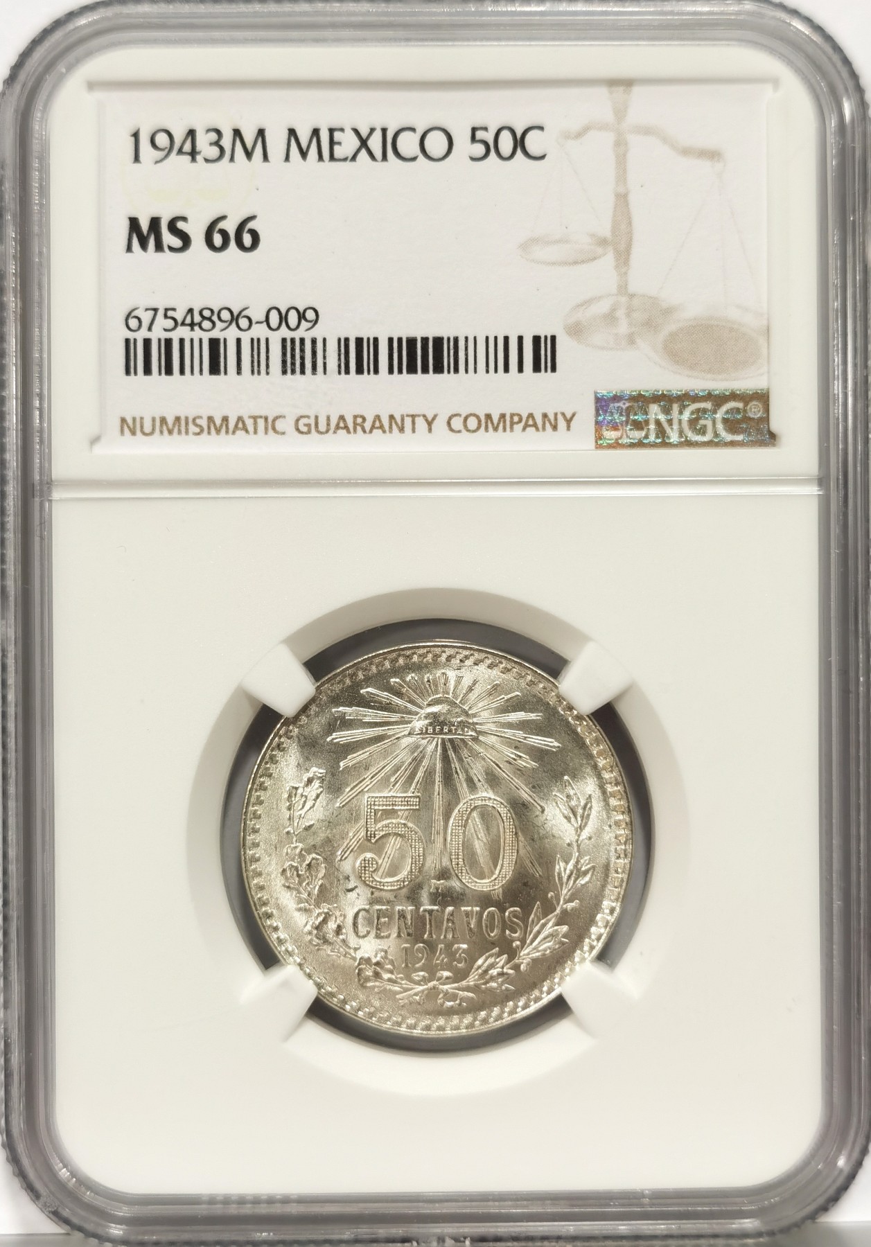 博洋堂世界钱币拍卖第086期（全场包邮） NGC MS66 墨西哥1943年50分鹰洋银币，顶级高分