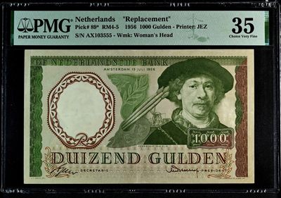 【Blue Auction】✨世界纸币精拍第462期【精】 -  【仅1张更高分 补号 豹子号无47罕见】荷兰 1956年1000盾 经典大画家伦勃朗 超前的设计西欧纸币顶级水准 PMG35 百看不厌 收藏册里值得留存的一张