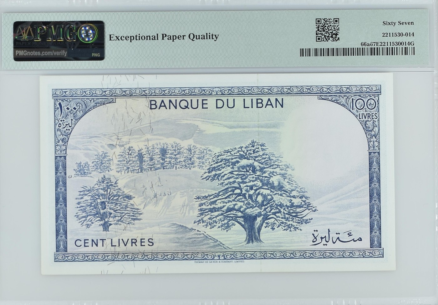 收藏联盟Quantum Auction 第339期拍卖  黎巴嫩1964-68年100里弗尔 PMG67 稀有初版年份 冠军分  朦胧号尾88