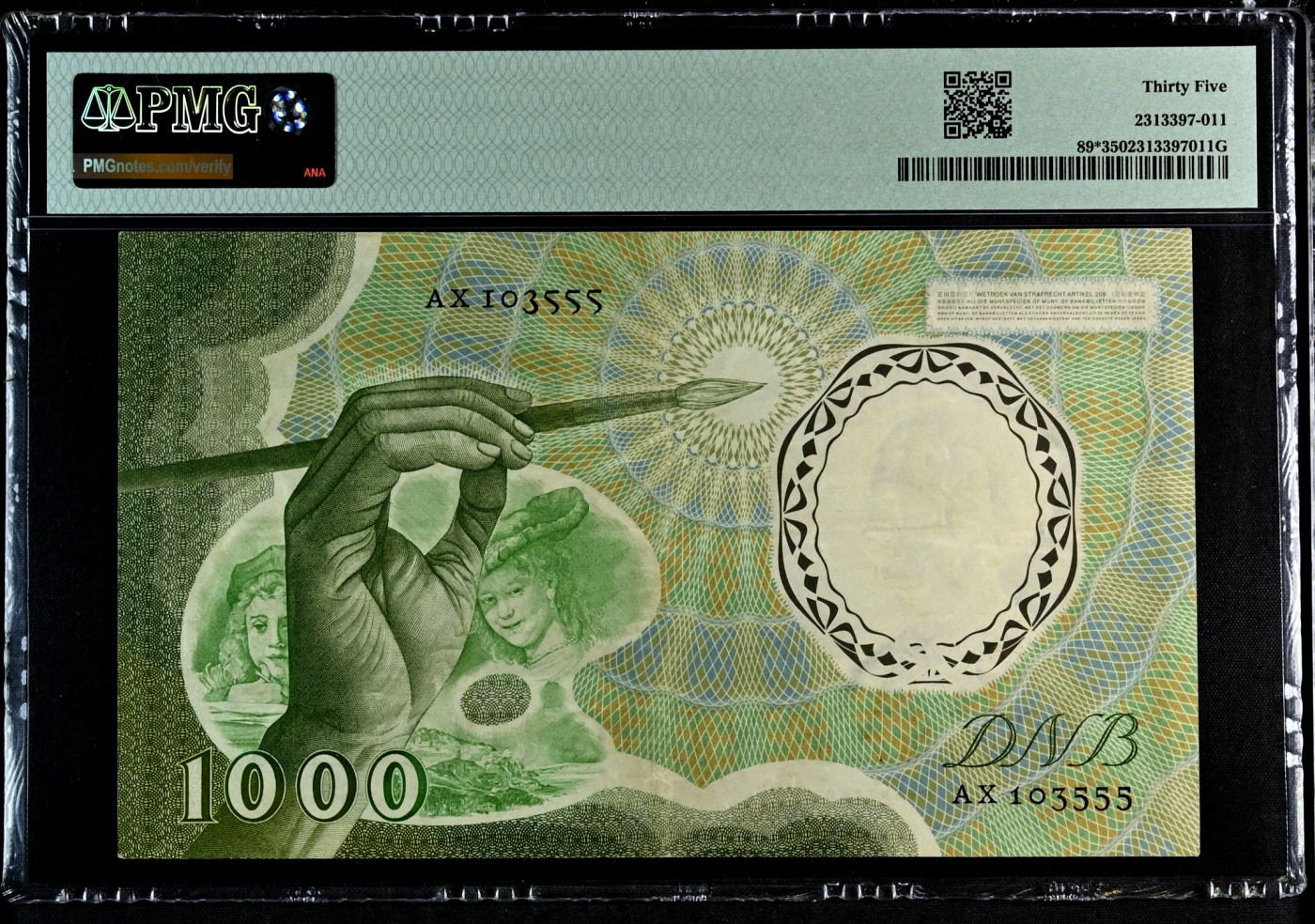 【Blue Auction】✨世界纸币精拍第462期【精】  【仅1张更高分 补号 豹子号无47罕见】荷兰 1956年1000盾 经典大画家伦勃朗 超前的设计西欧纸币顶级水准 PMG35 百看不厌 收藏册里值得留存的一张