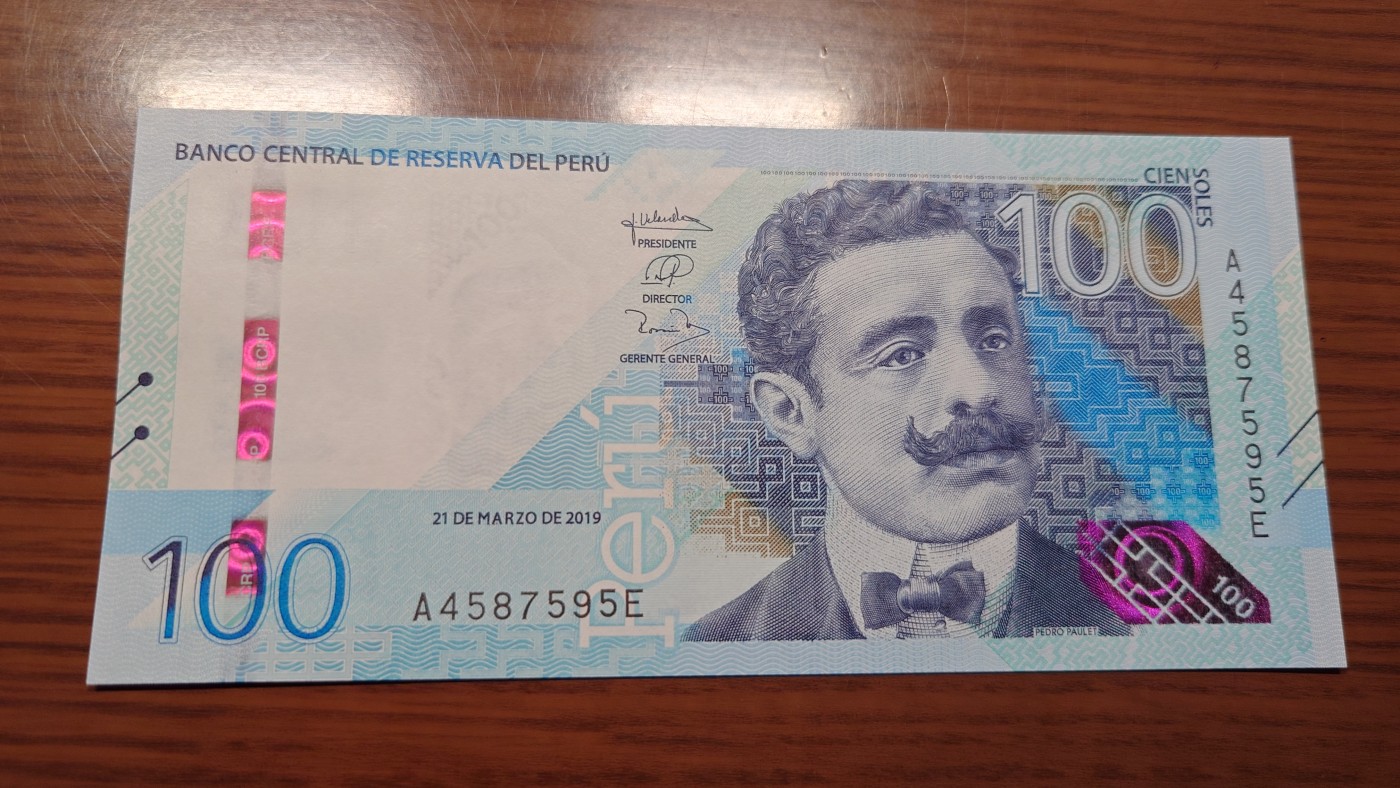 【世界钱币】精选微拍第101期暨2024年第12期  部分卖剩的新品裸钞评级币展销 2019年秘鲁100比索 全新绝品无47尾号595