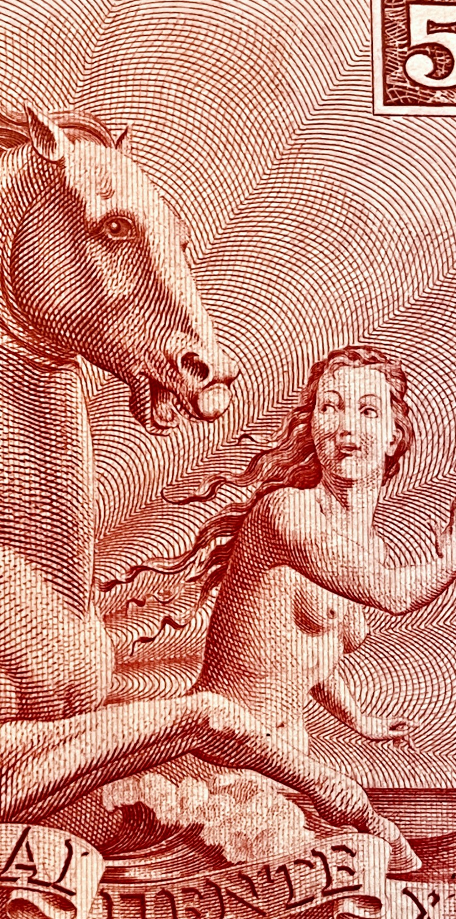 【Blue Auction】✨世界纸币精拍第462期【精】 【红色初版大票幅版实钞罕见 珍品】希腊 早期 1945年5000德拉科马 PMG58高分 状态佳BWC出品 雕刻非常精美 正面圣母 背面描述：在特洛伊城，海洋女神忒提斯骑着海马，将赫菲斯托斯锻造的盾牌带给她的儿子阿喀琉斯 (红色版目录价是紫色版3.5倍）