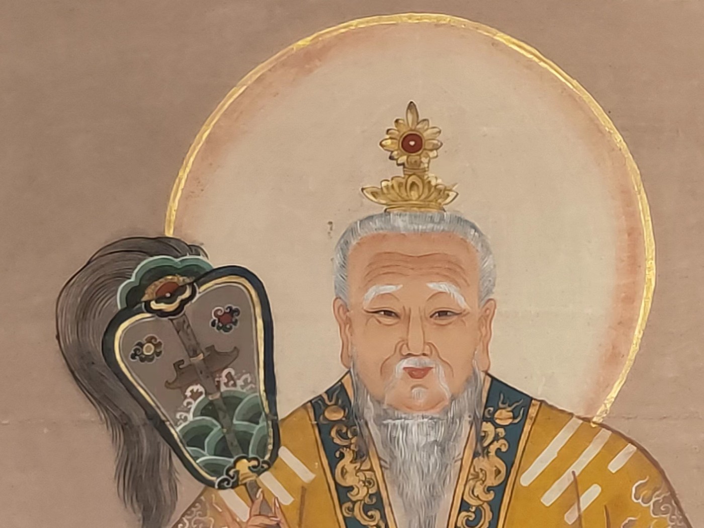  晚清 民间画家画的 精品纯手绘老粗布五彩描金 太上老君 画像一张 画工精湛 人物描绘惟妙惟肖 活灵活现 全品满工 完整包老 尺寸224/118Cm