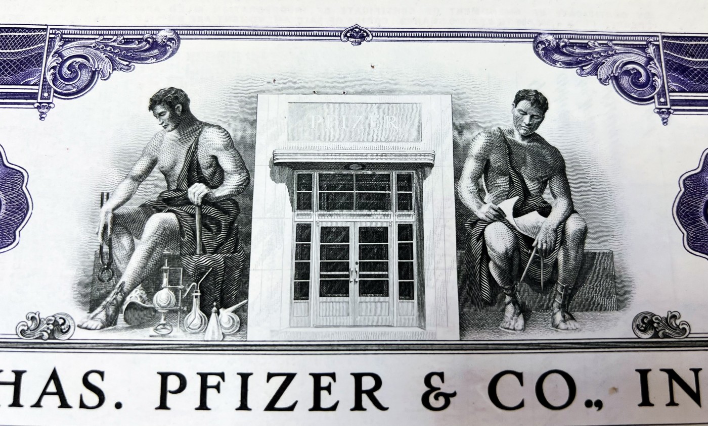 著名的辉瑞制药公司股票4张不同大通银行代理发行包括一张早期品种雕刻版印制- 美钞公司雕刻作品发烧友- 美钞公司雕刻作品发烧友-