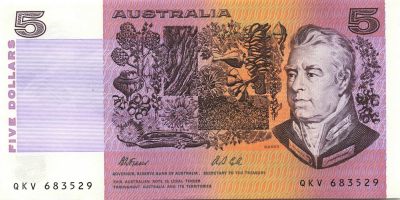 小福收藏拍卖第160期 裸钞场 本期有多张豹子号靓号 文莱1-1000小套 马尔代夫全同无47大全套 英国D序列50镑首签 沙特500里亚尔 泰国老泰铢  越南 柬埔寨等多国精美纸币 - 澳大利亚 1974-91年 5元 无47 unc