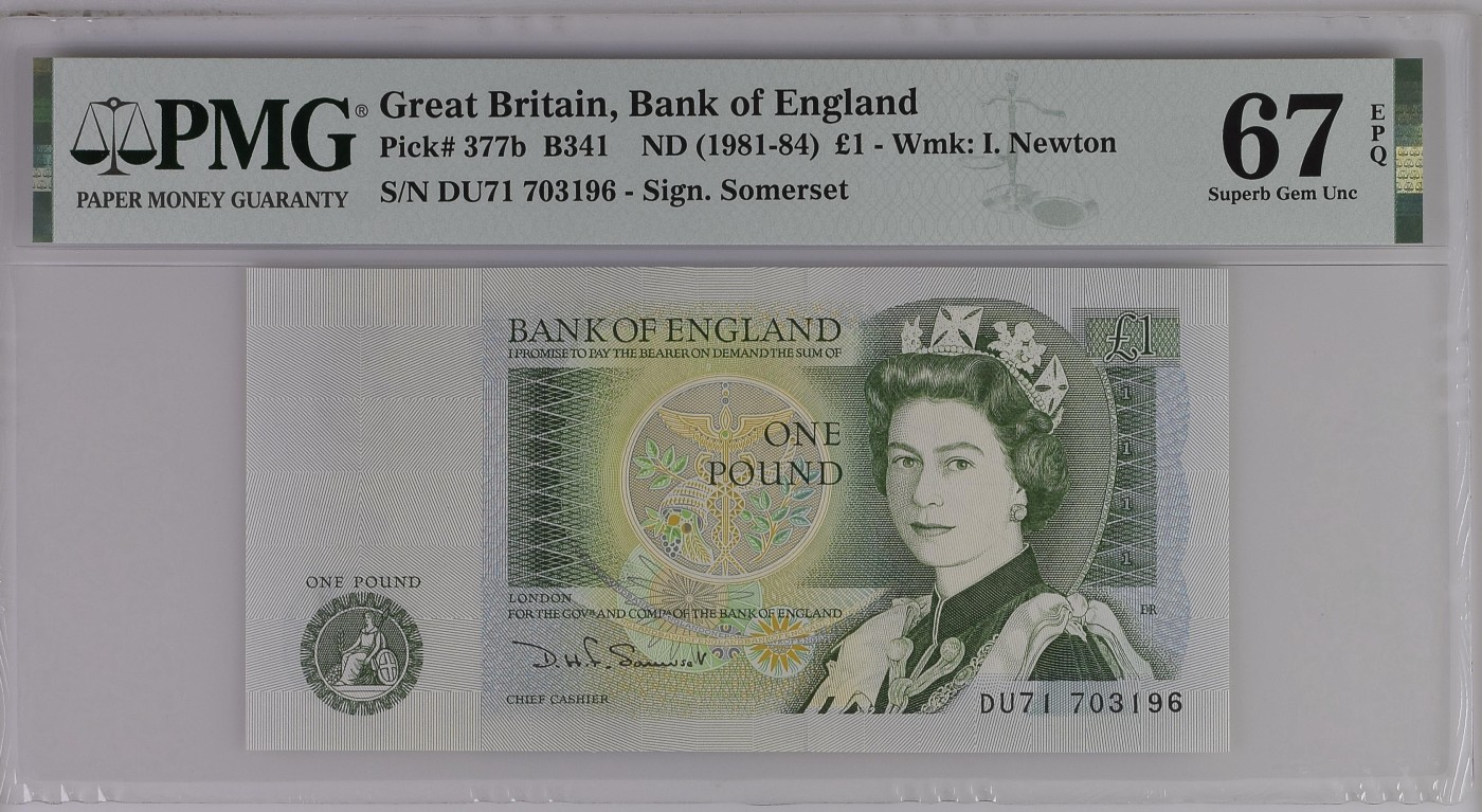 收藏联盟Quantum Auction 第339期拍卖  英国ND (1981-84)年1镑 PMG67 物理学家 牛顿 号码无4