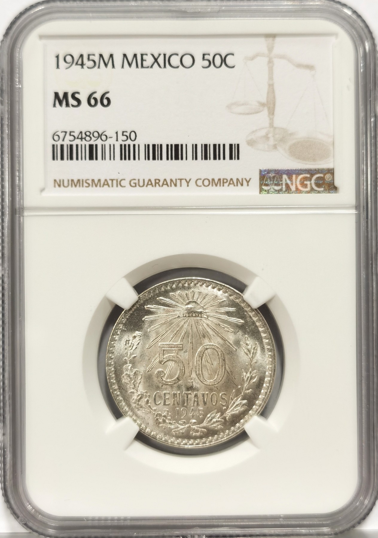 博洋堂世界钱币拍卖第086期（全场包邮） NGC MS66 墨西哥1945年50分鹰洋银币，顶级高分