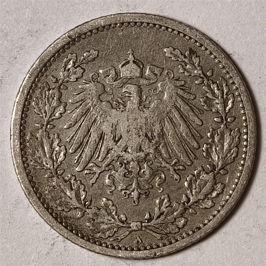 紫瑗钱币——第376期拍卖 德国 1905年 A版 第二帝国 1/2马克 银币 2.77克 0.9银