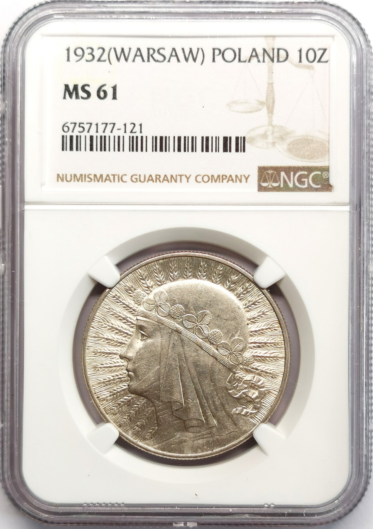 凡希社世界钱币微拍第二百六十六期 1932波兰民族少女10兹罗提银币NGC-MS61，充分流通品种，原光MS难得！