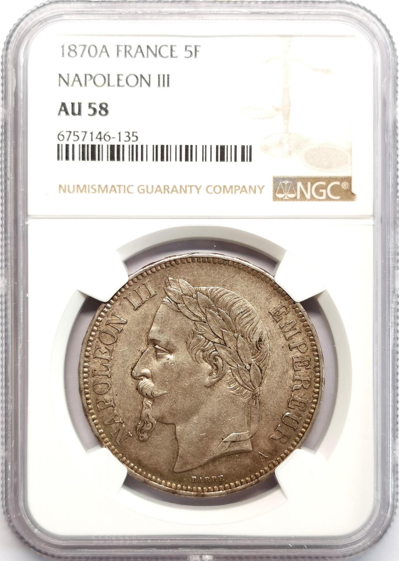 凡希社世界钱币微拍第二百六十六期 1870A法国拿破仑三世5fr大银NGC-AU58