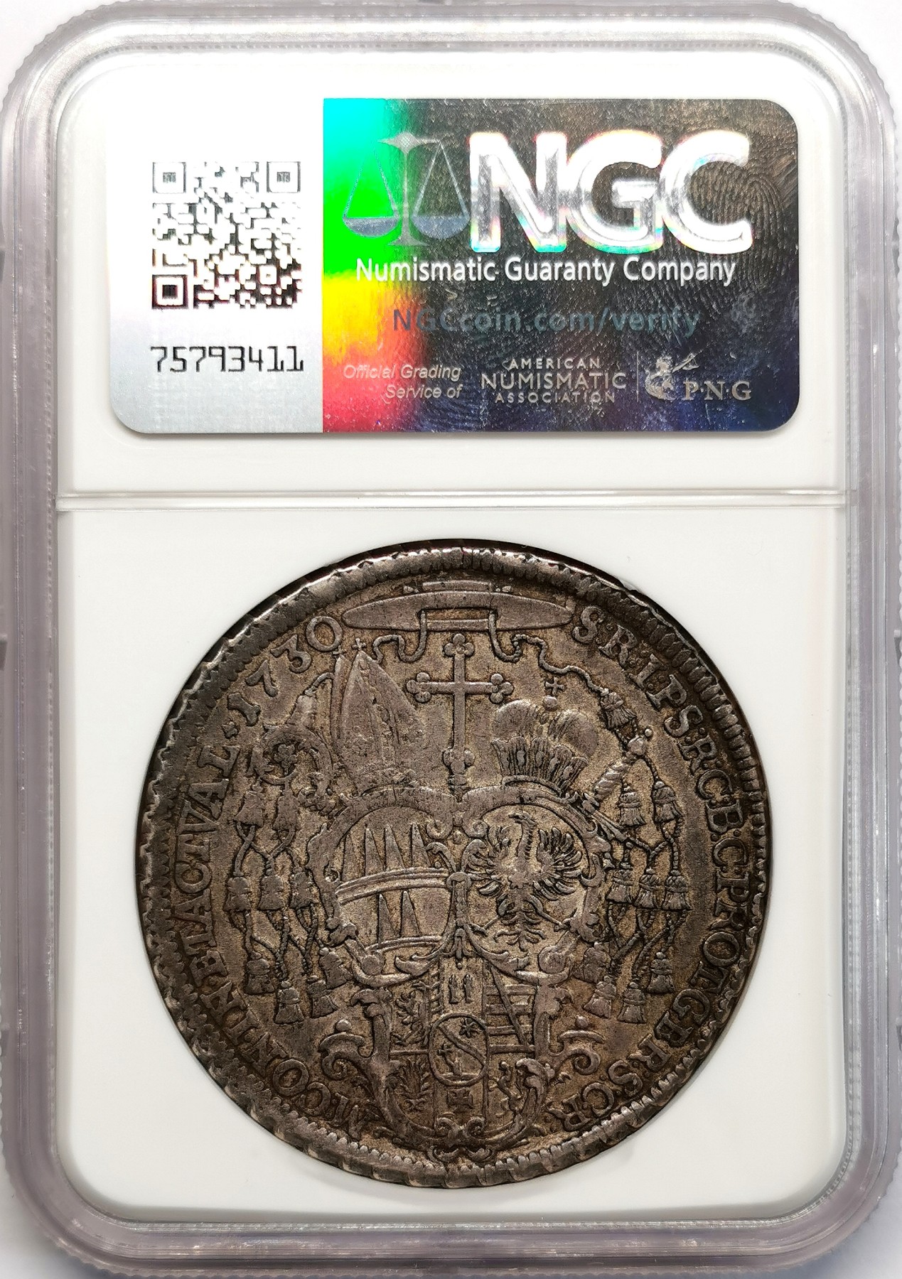 凡希社世界钱币微拍第二百六十六期 1730奥尔姆茨主教泰勒大银NGC-XF45，黑彩原味品，包浆熟美！