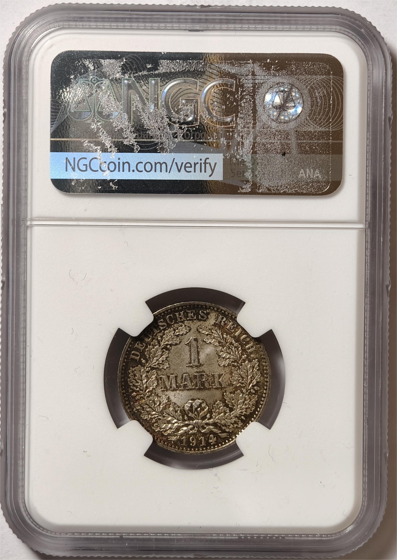 紫瑗钱币——第372期拍卖 德国 1914年 E版 第二帝国 长翅 1马克 银币 NGC MS64 五彩包浆