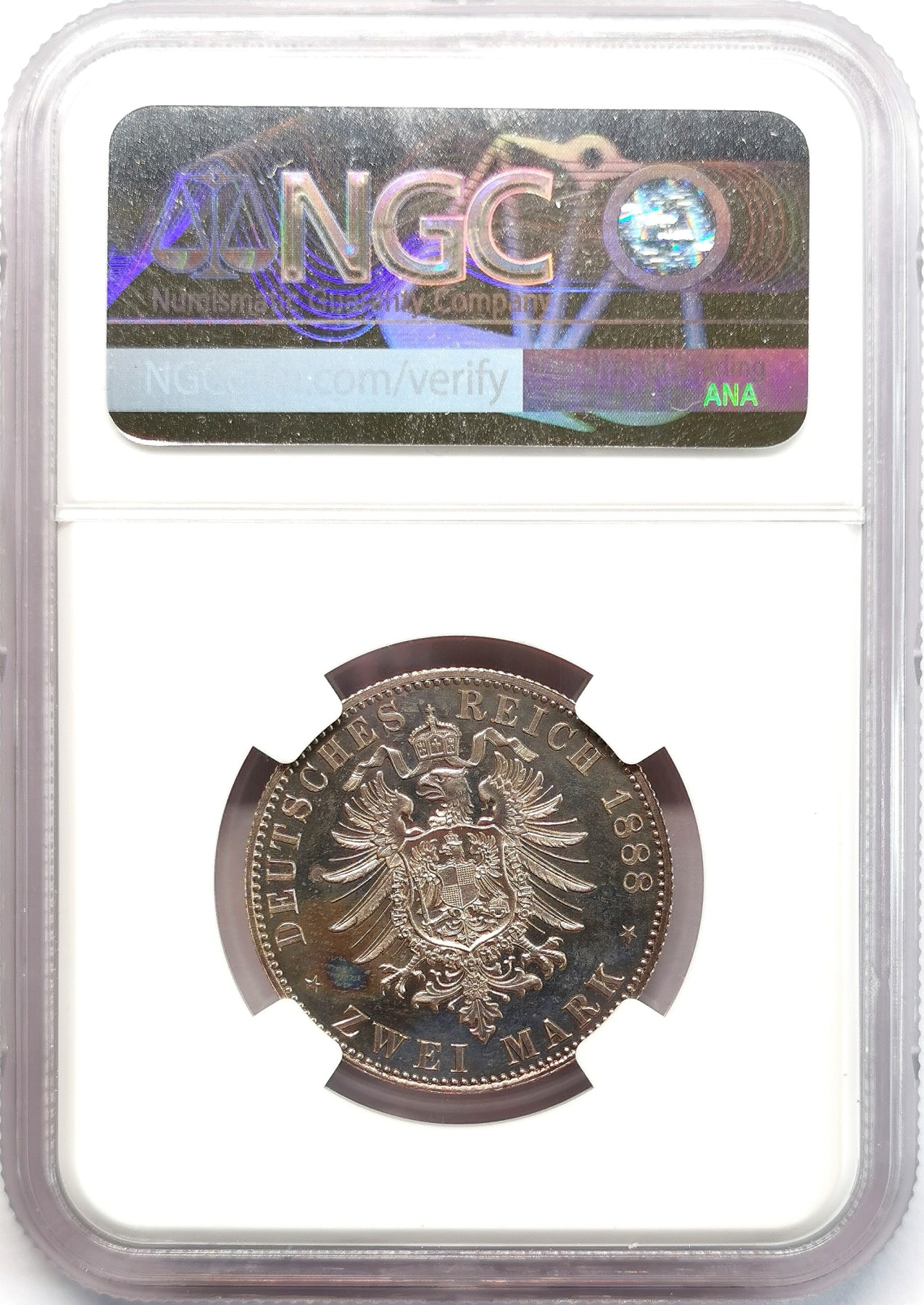 凡希社世界钱币微拍第二百六十八期 稀！1888A普鲁士威廉二世短翅2马克精铸NGC-PF63，铸造工艺精湛，迷人的香槟金包浆，视觉感一流！