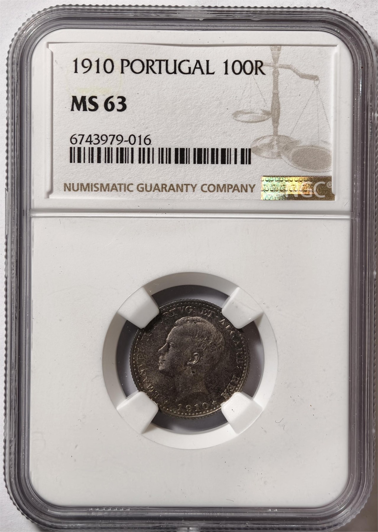 紫瑗钱币——第444期 葡萄牙 1910年 曼努埃尔二世 100瑞斯 银币 NGC MS63 老包浆