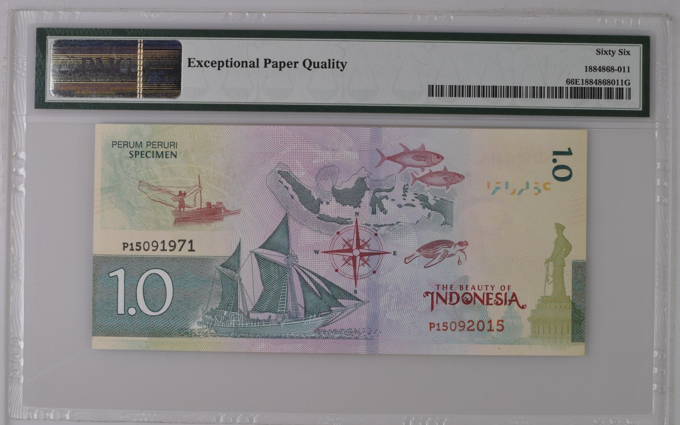 收藏联盟Quantum Auction 第339期拍卖  Perum Peruri (IDN)2015年印尼美人测试钞 PMG66