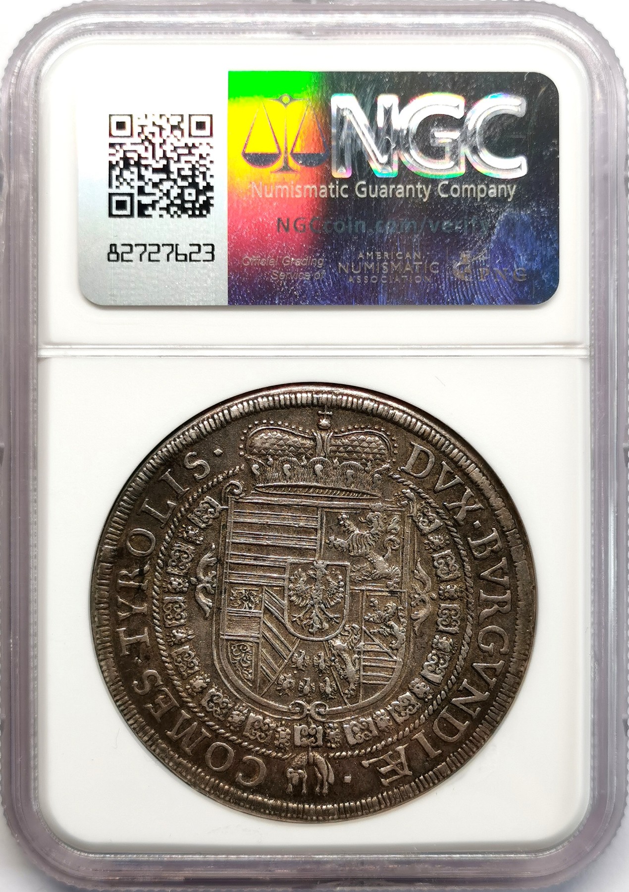 凡希社世界钱币微拍第二百六十六期 荐！1654神罗总庭费迪南德戎装像泰勒大银NGC-AU55，传世黑彩，包浆淳熟，压印细节一流！请参考视频。