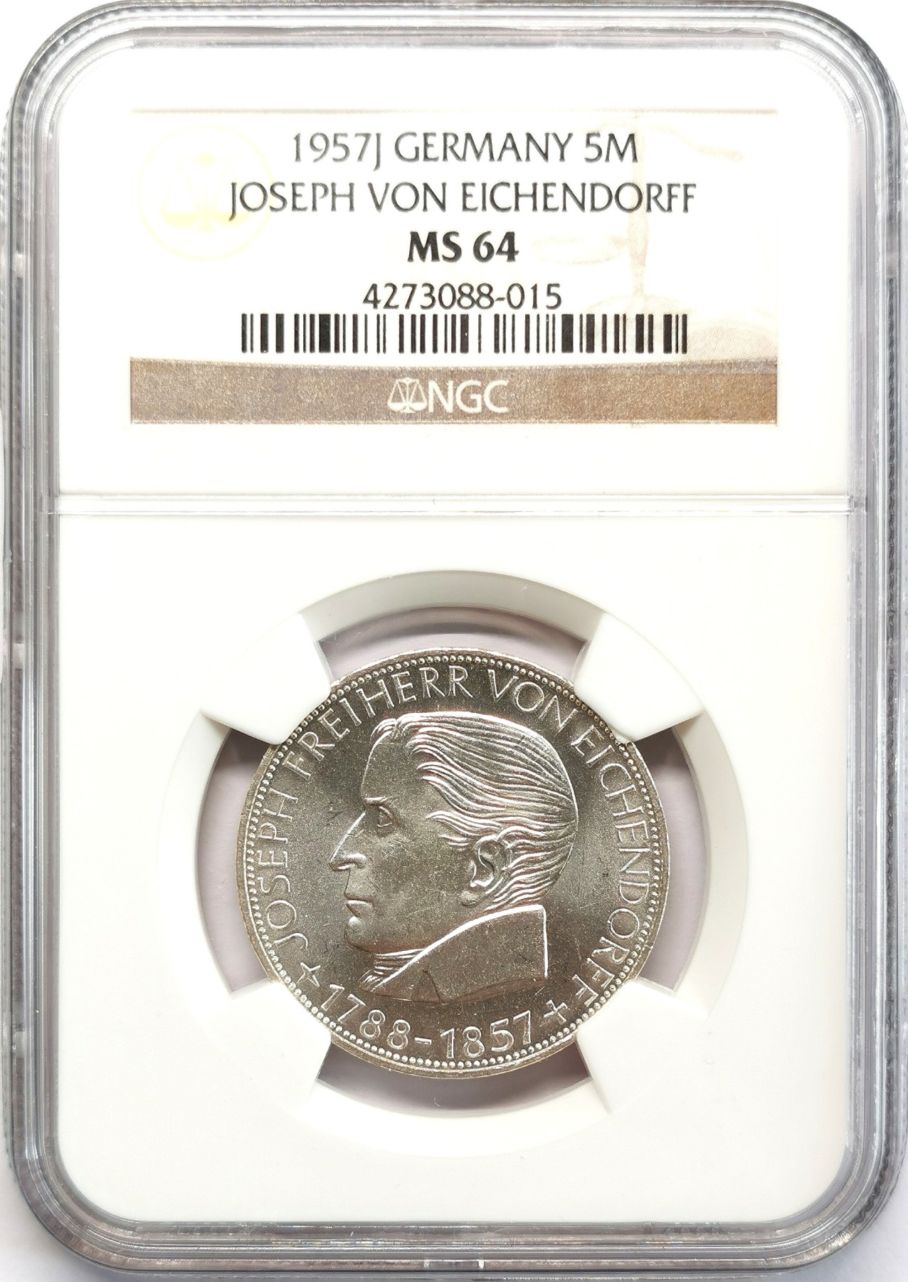 凡希社世界钱币微拍第二百六十六期 1957J联邦德国浪漫派诗人艾兴多夫逝世百年纪念5马克NGC-MS64，五马克系列四大天王之一。