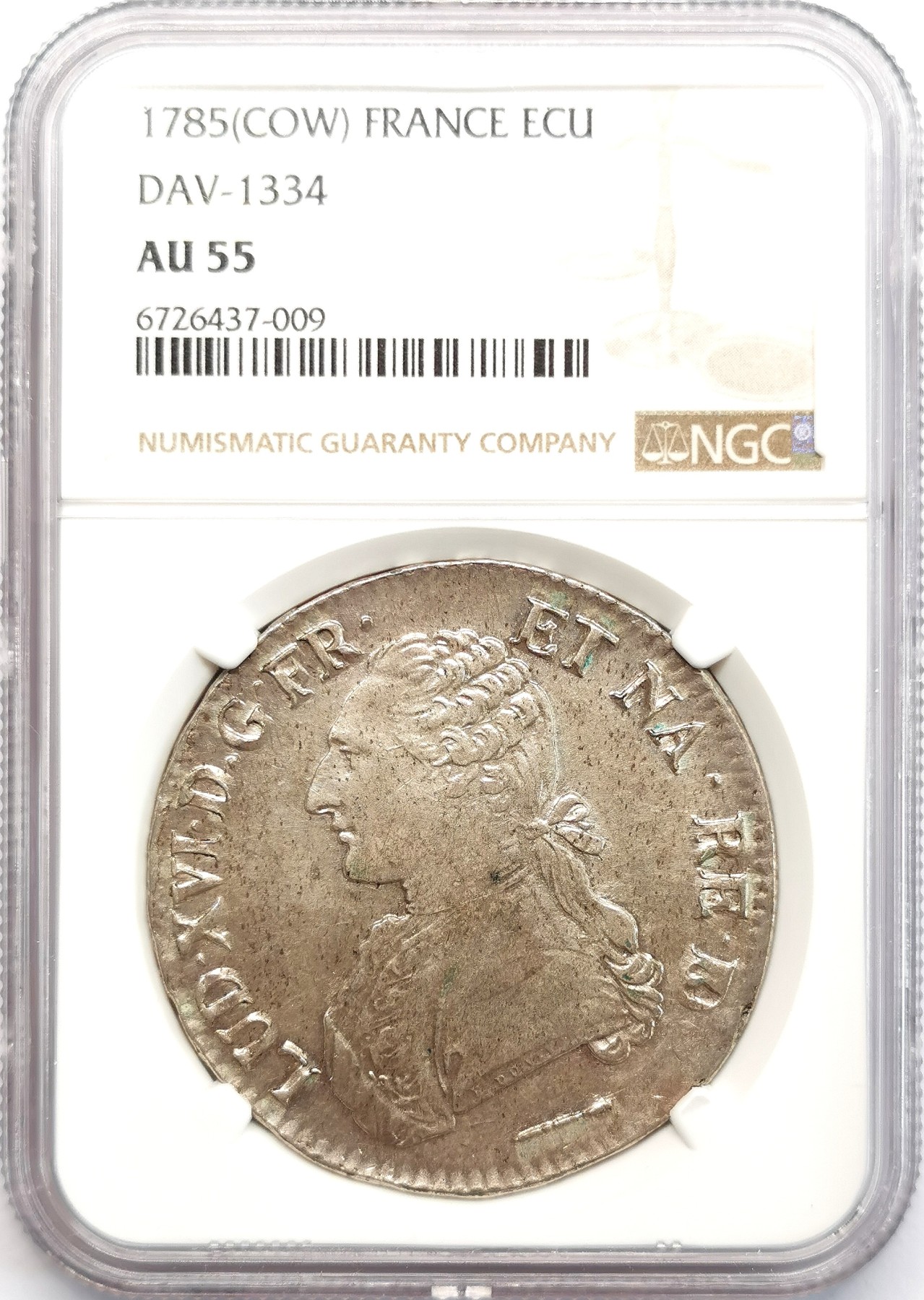 凡希社世界钱币微拍第二百六十六期 1785法国路易十六埃居大银NGC-AU55，灰彩全深打，实物状态极佳，请参考视频！