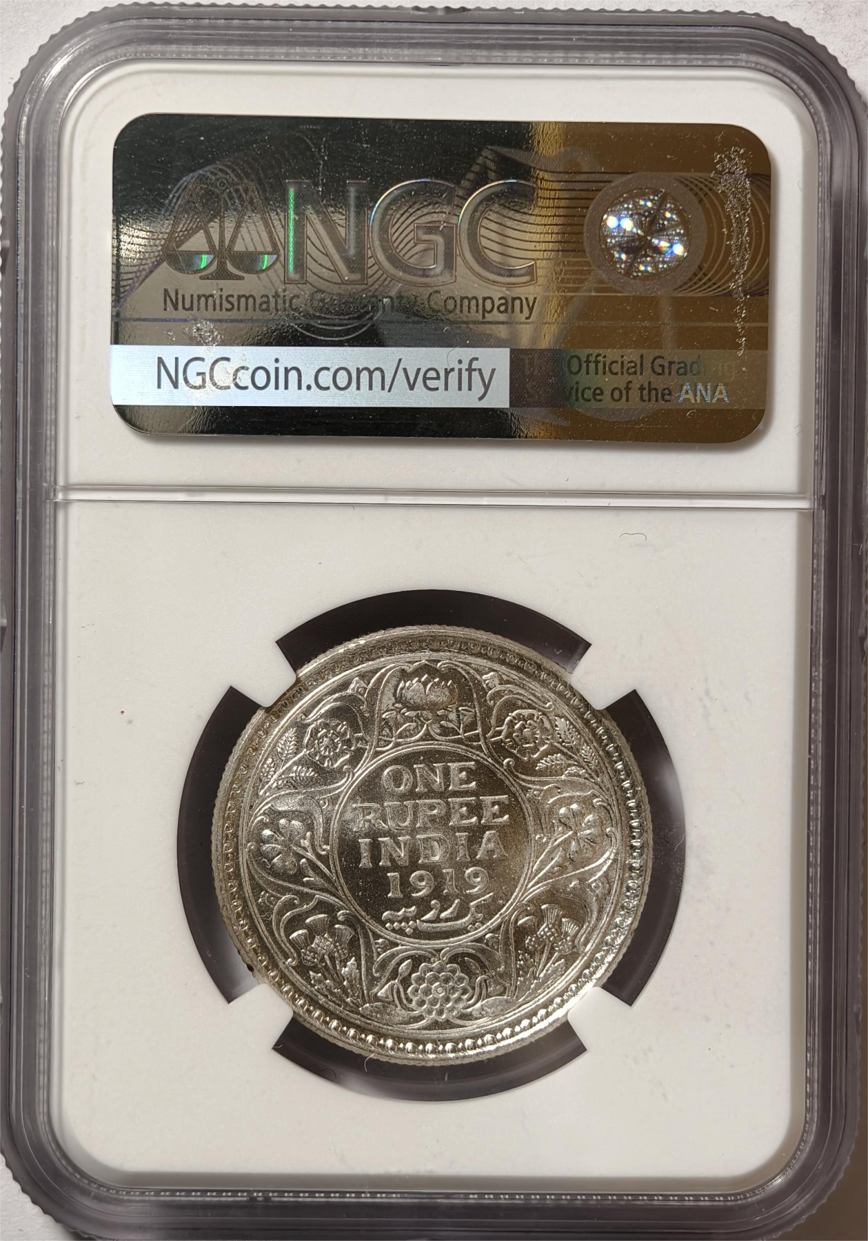 紫瑗钱币——第372期拍卖 英属印度 1919年 C版 乔治五世 1卢比 银币 NGC UNC Detail