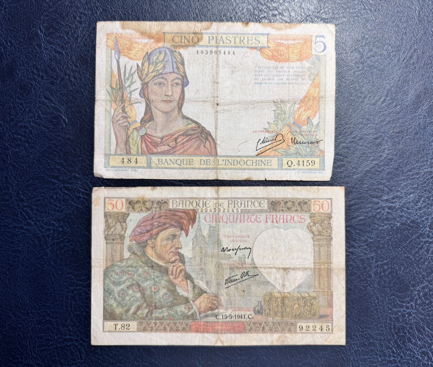 收藏联盟Quantum Auction 第339期拍卖  法属印度支那5皮阿斯特和法国1941年50法郎 非全新 品相如图