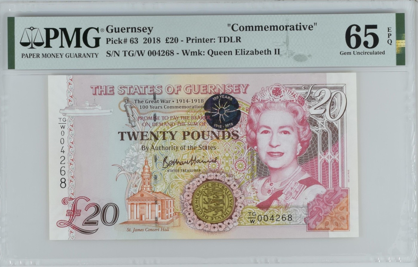 收藏联盟Quantum Auction 第339期拍卖  格恩西2018年20镑一战结束100周年纪念 PMG65 千位号