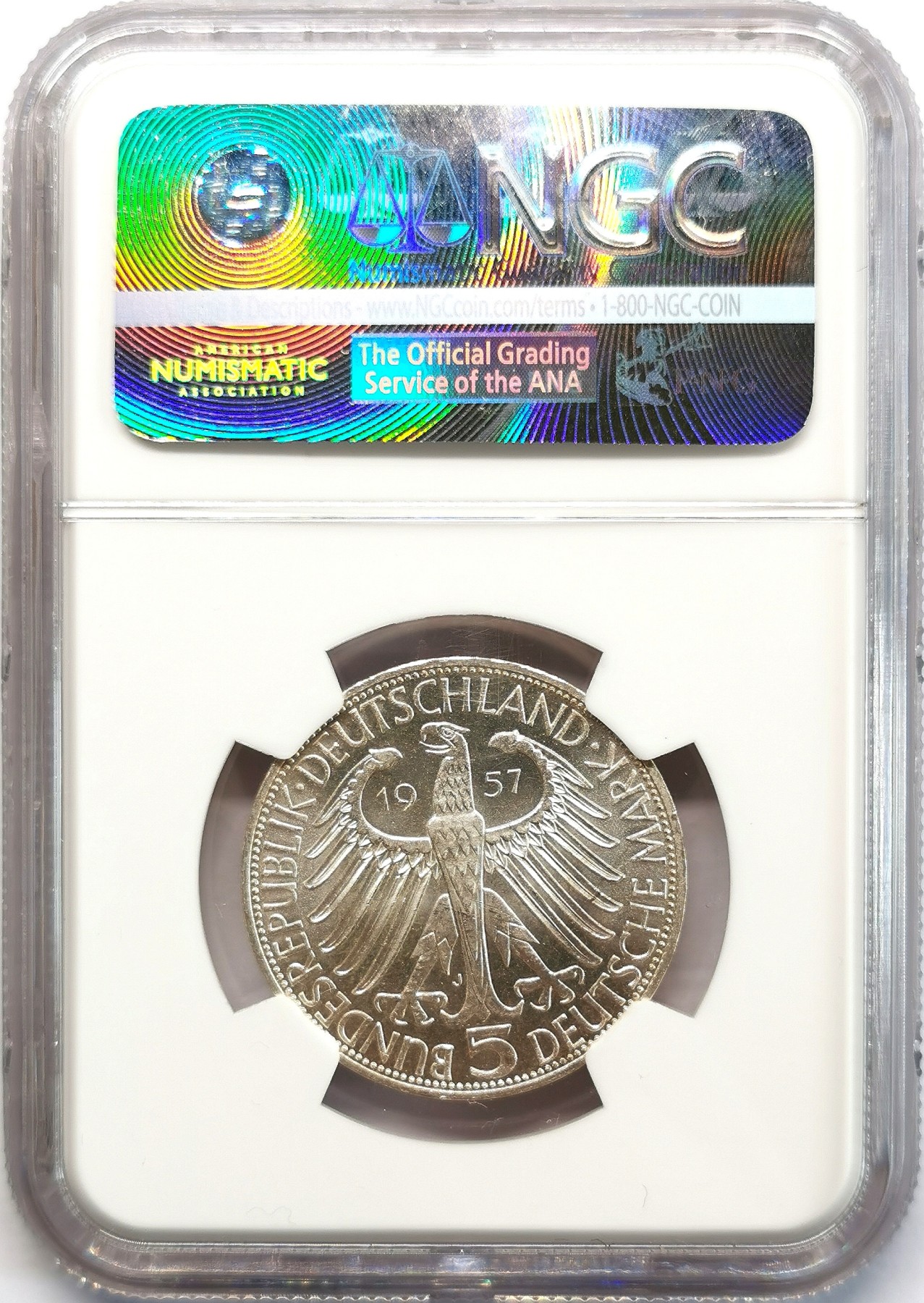 凡希社世界钱币微拍第二百六十六期 1957J联邦德国浪漫派诗人艾兴多夫逝世百年纪念5马克NGC-MS64，五马克系列四大天王之一。