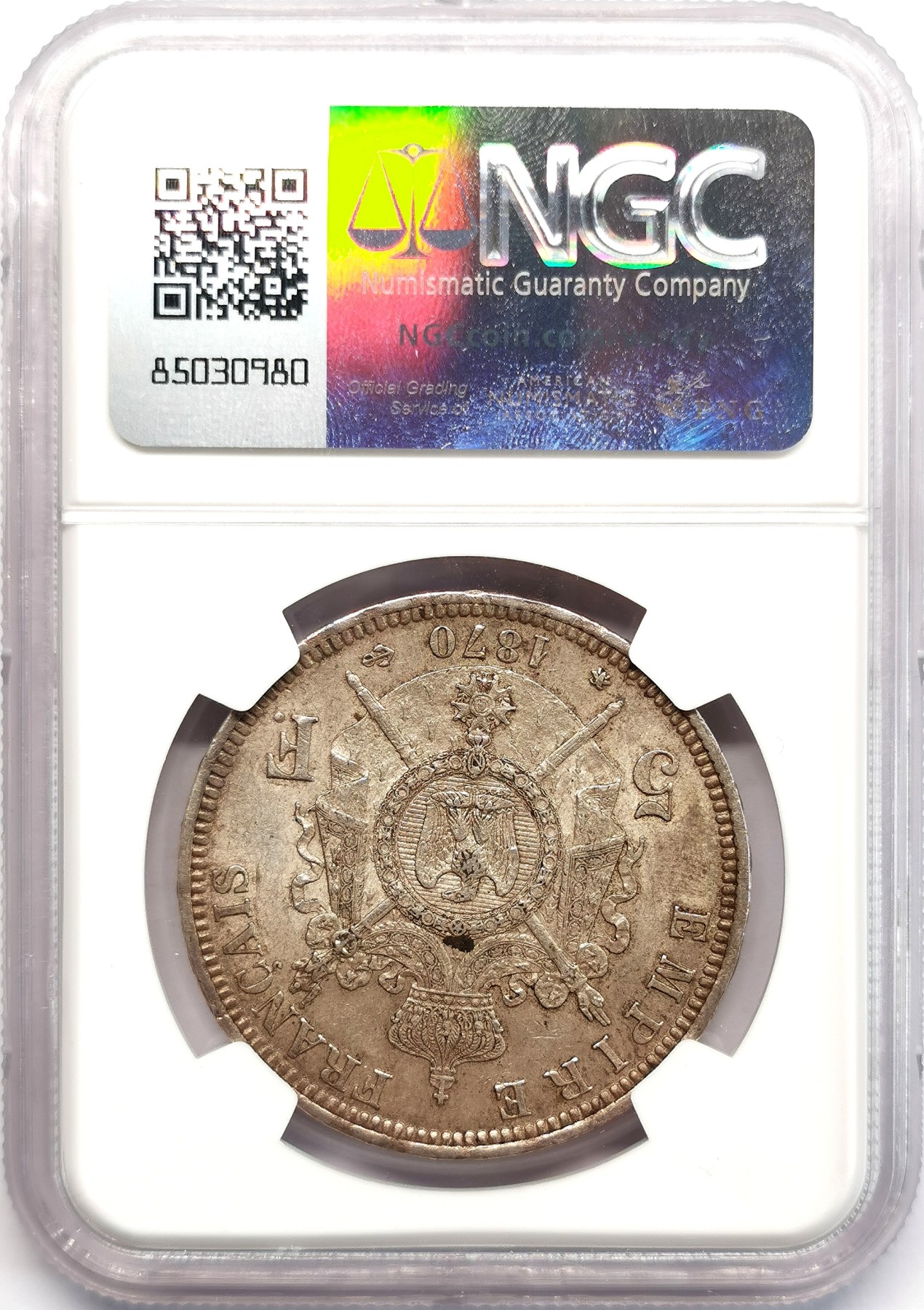 凡希社世界钱币微拍第二百六十六期 1870A法国拿破仑三世5fr大银NGC-AU58