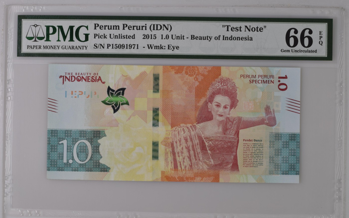 收藏联盟Quantum Auction 第339期拍卖  Perum Peruri (IDN)2015年印尼美人测试钞 PMG66