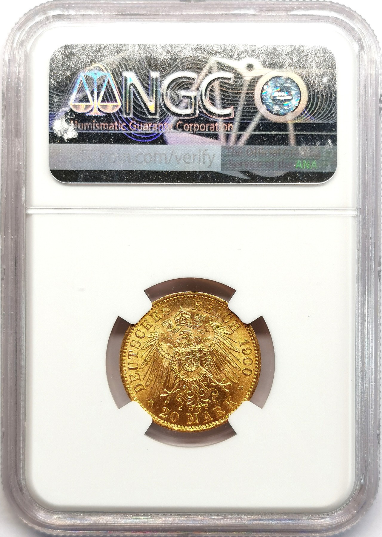 凡希社世界钱币微拍第二百六十六期 1900A普鲁士威廉二世20马克金币NGC-MS63，7.965g，900金